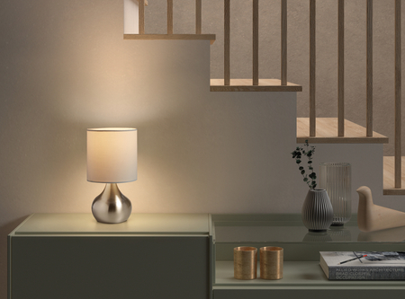 Lampa stołowa GRETA (2szt w komplecie) chrom matowy 1xE27 abażur biały, włącznik dotykowy, 2szt w komplecie