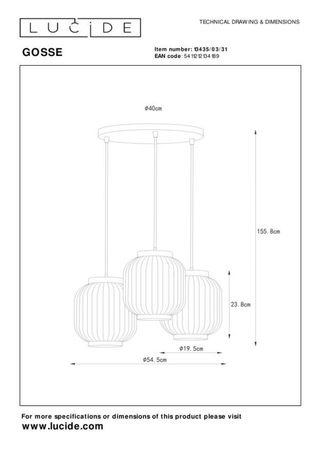 Lampa wisząca Lucide GOSSE 13435/03/31 biały/złoty