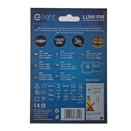 Eko-Light Oprawa schodowa LUMI Barwa Zimma 6500K 12V z czujnikiem ruchu EKS3058 BIAŁY / SREBRNY